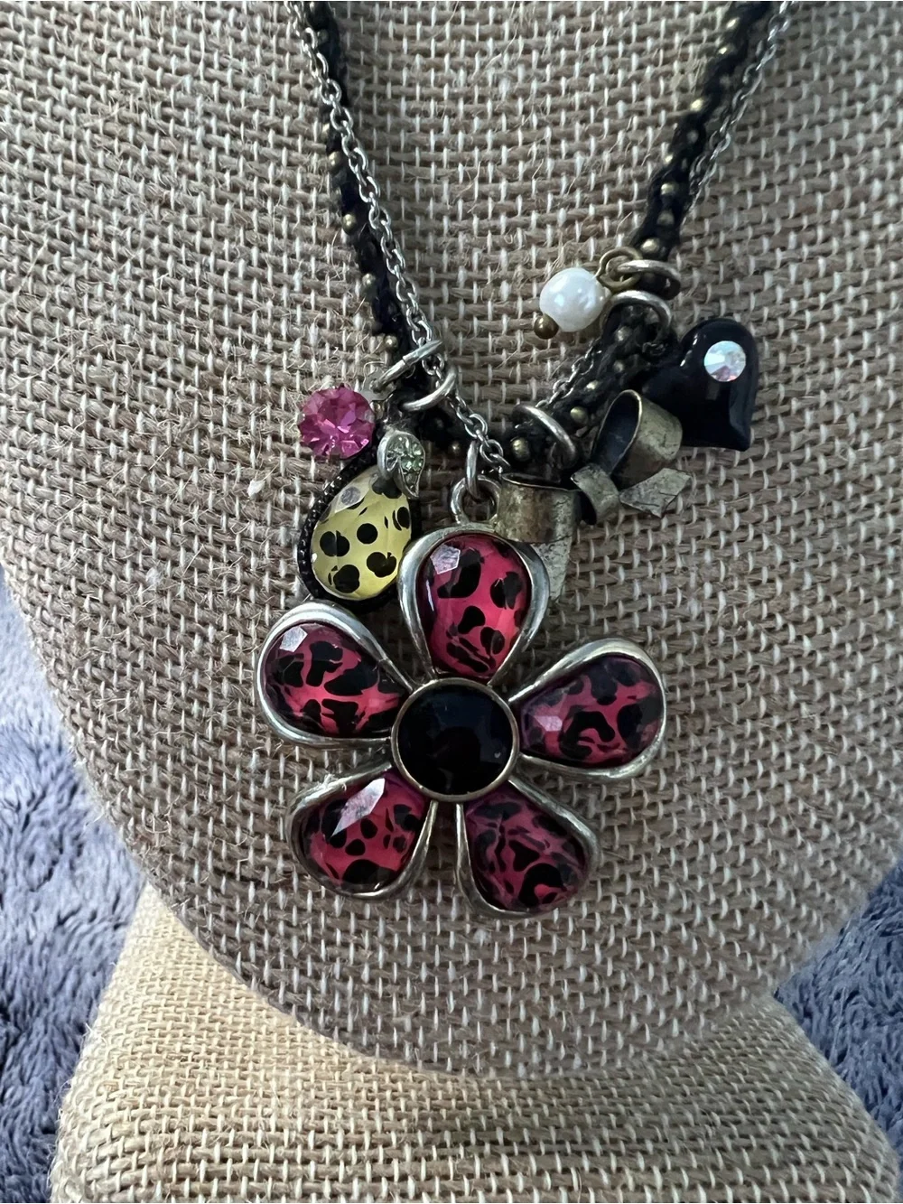 Vintage Betsey Johnson Jungle Fever Pink Leopard Print Floral Charm Necklace